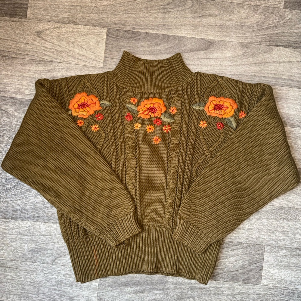 Ann Taylor Olive Floral‎ Embroidered Turtleneck Sweater